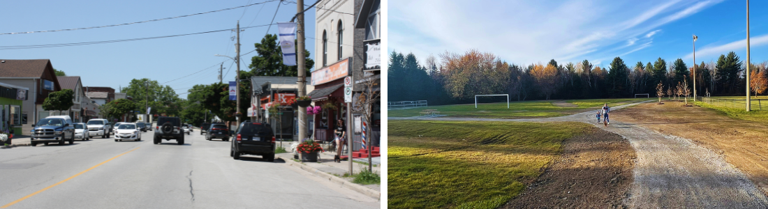 downtown street and a trail in a open park