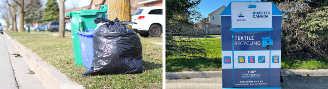 garbage on a curbside and a textile recycling bin
