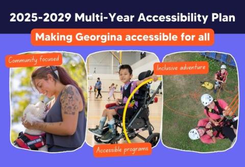 Graphic for the Town of Georgina’s 2025–2029 Multi-Year Accessibility Plan titled “Making Georgina accessible for all.” Three photos: a woman holding a small white dog (“Community focused”), a boy in a wheelchair in a gym activity (“Accessible programs”), and three people climbing outdoors with helmets and harnesses (“Inclusive adventure”). Purple background with orange label boxes.