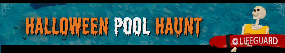 Skeleton with a lifeguard floatie and words Halloween Pool Haunt